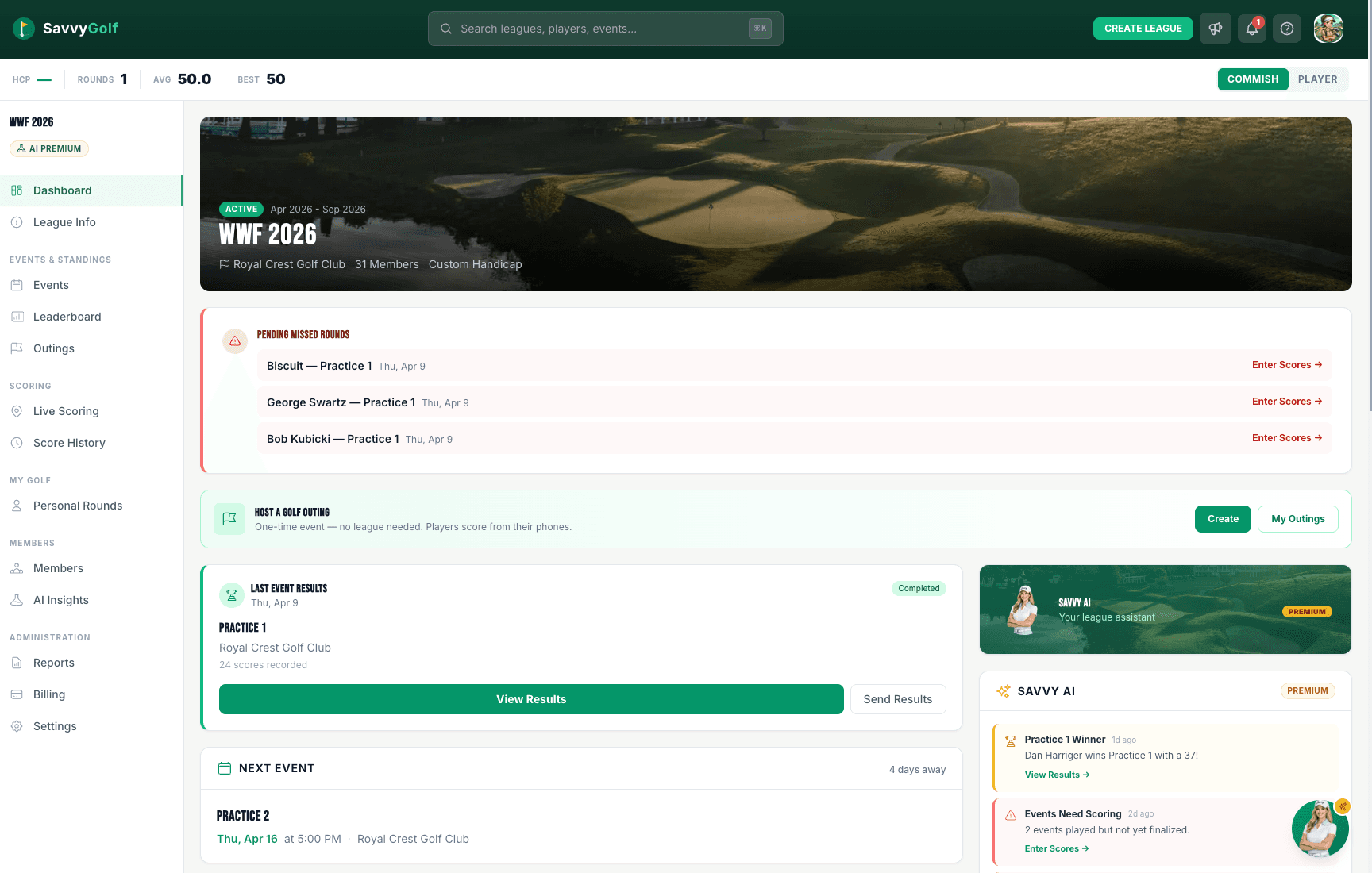 SavvyGolf league dashboard